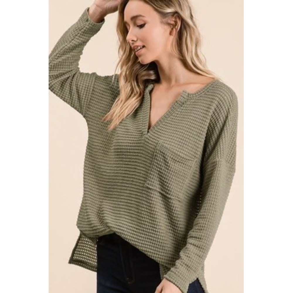 Pink Lily Olive Green Waffle Knit V-Neck Oversized Thermal Top Medium